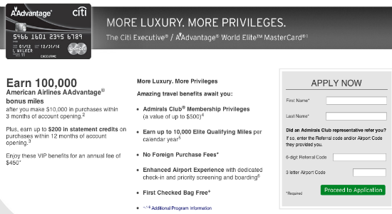 Citi Executive AAdvantage World Mastercard 100000 mile offer