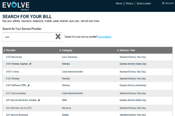 Evolve Money Bill Pay Search