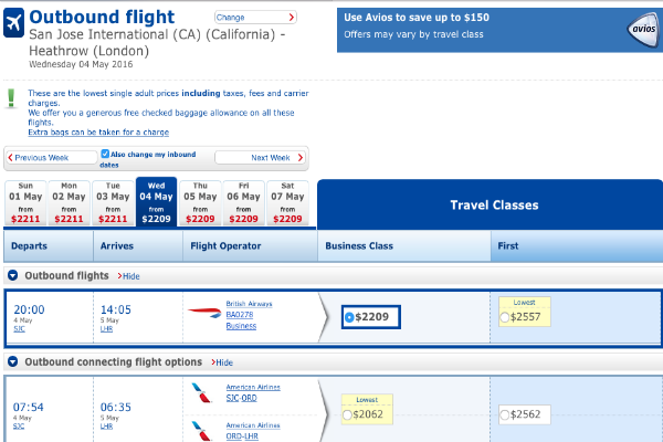 British Airways Business Class San Jose to London