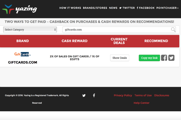 Yazing 2 percent cash back at giftcards.com