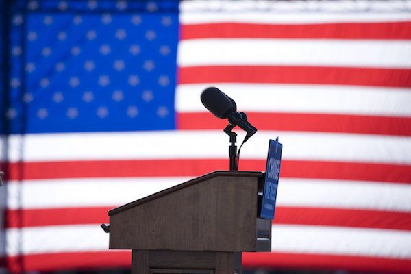 Podium behind American flag