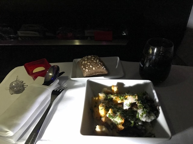 VA First Class Dinner New York to San Francisco Gnocchi Ricotta Gorgonzola