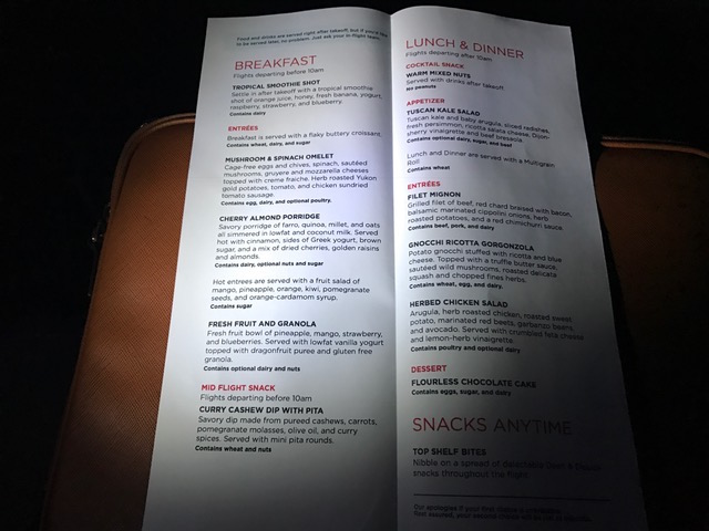 Virgin America First Class Menu New York to San Francisco