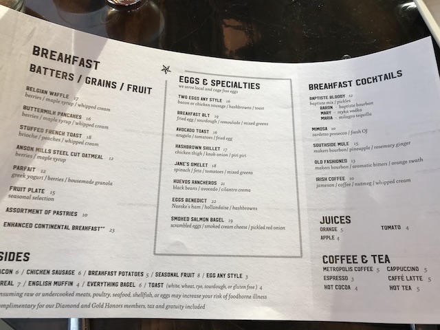 Review Conrad Chicago Baptiste & Bottle Breakfast Menu