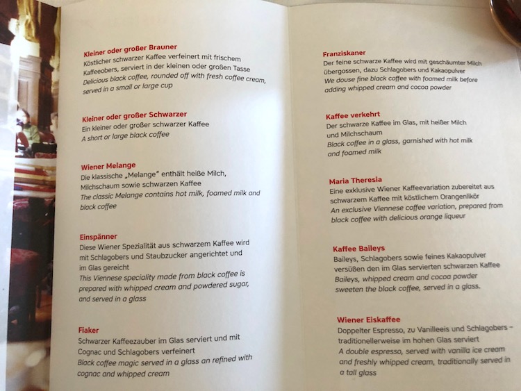 Austrian Business Class Iced Coffee Menu LAX - VIE