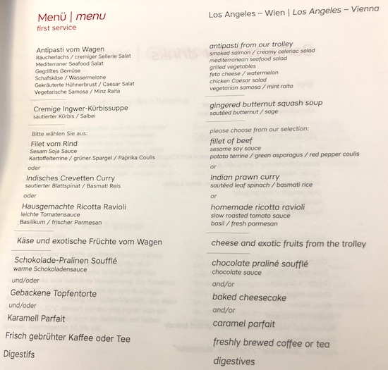 Business Class Menu