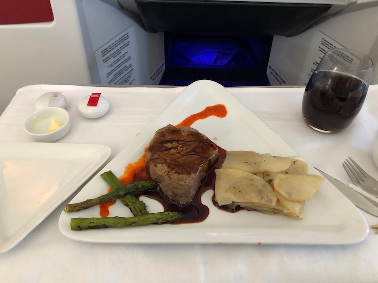 Austrian Business Class dinner beef filet LAX - VIE