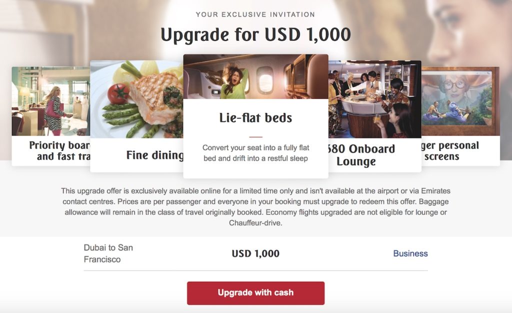 Emirates Business Class Upgrade $1000 SFO to Dubai