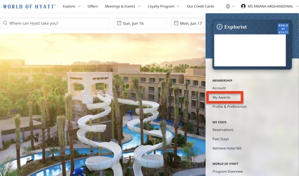 A screenshot of the Hyatt homepage, highlighting the "My Awards" section