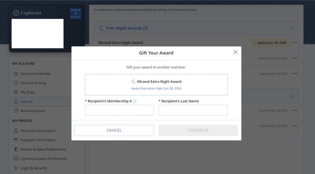 Screenshot showing how to gift a Hyatt award to another member