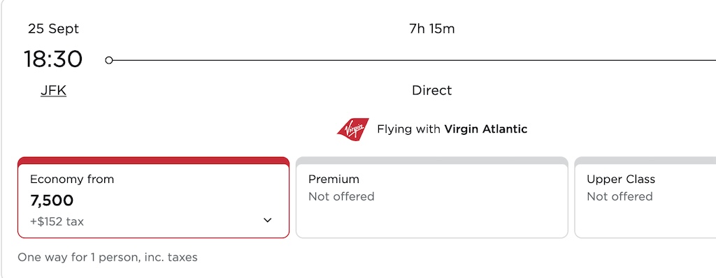 Virgin Atlantic award sale 7500 points for a flight from JFK to LHR