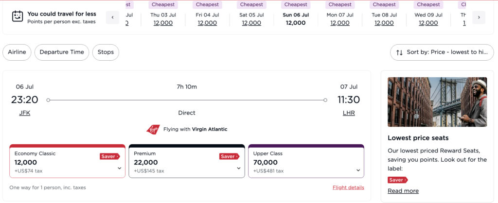 Virgin Atlantic award flights for this summer start at just 12,000 points each way (JFK to LHR)